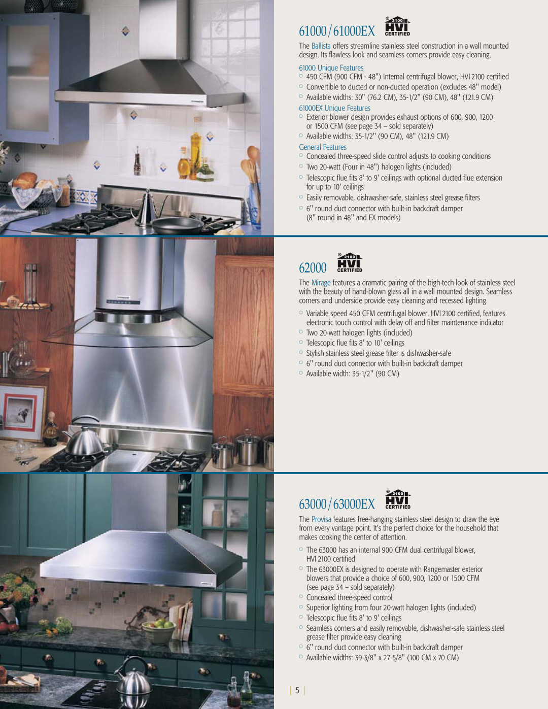 NuTone kitchen ventilation manual 61000/61000EX, 62000, 63000/63000EX, 61000EX Unique Features, General Features 