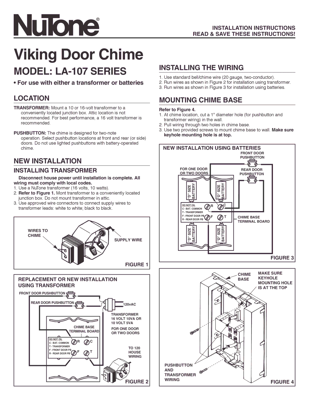 NuTone LA-107 installation instructions Location, NEW Installation, Installing the Wiring, Mounting Chime Base 