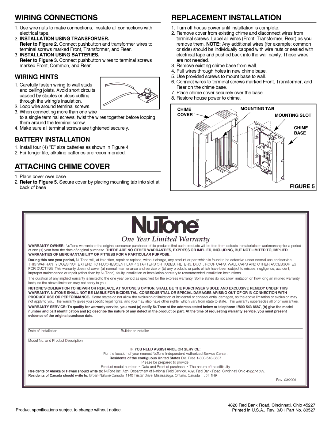 NuTone LA-107 Wiring Connections Replacement Installation, Attaching Chime Cover, Wiring Hints, Battery Installation 