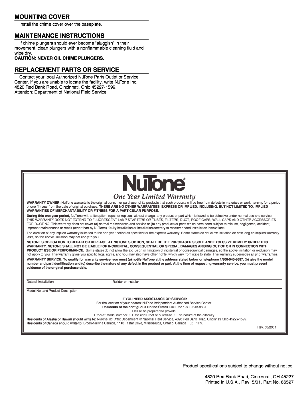 NuTone LA-165, LA-156PR One Year Limited Warranty, Mounting Cover, Maintenance Instructions, Replacement Parts Or Service 