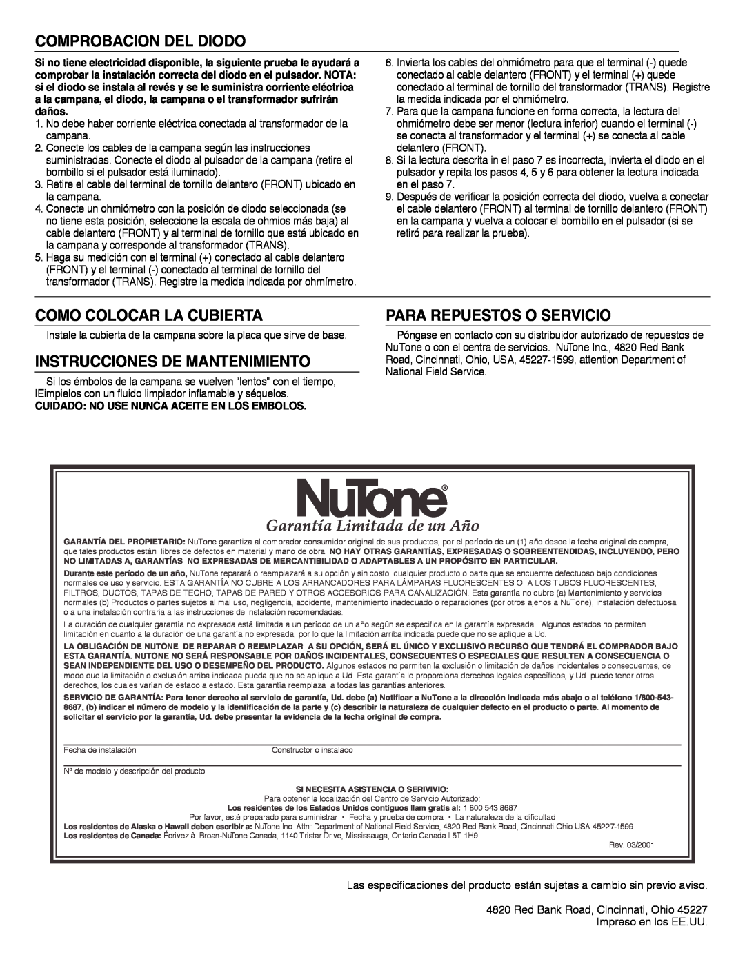 NuTone LA-165 Garantía Limitada de un Año, Comprobacion Del Diodo, Como Colocar La Cubierta, Para Repuestos O Servicio 