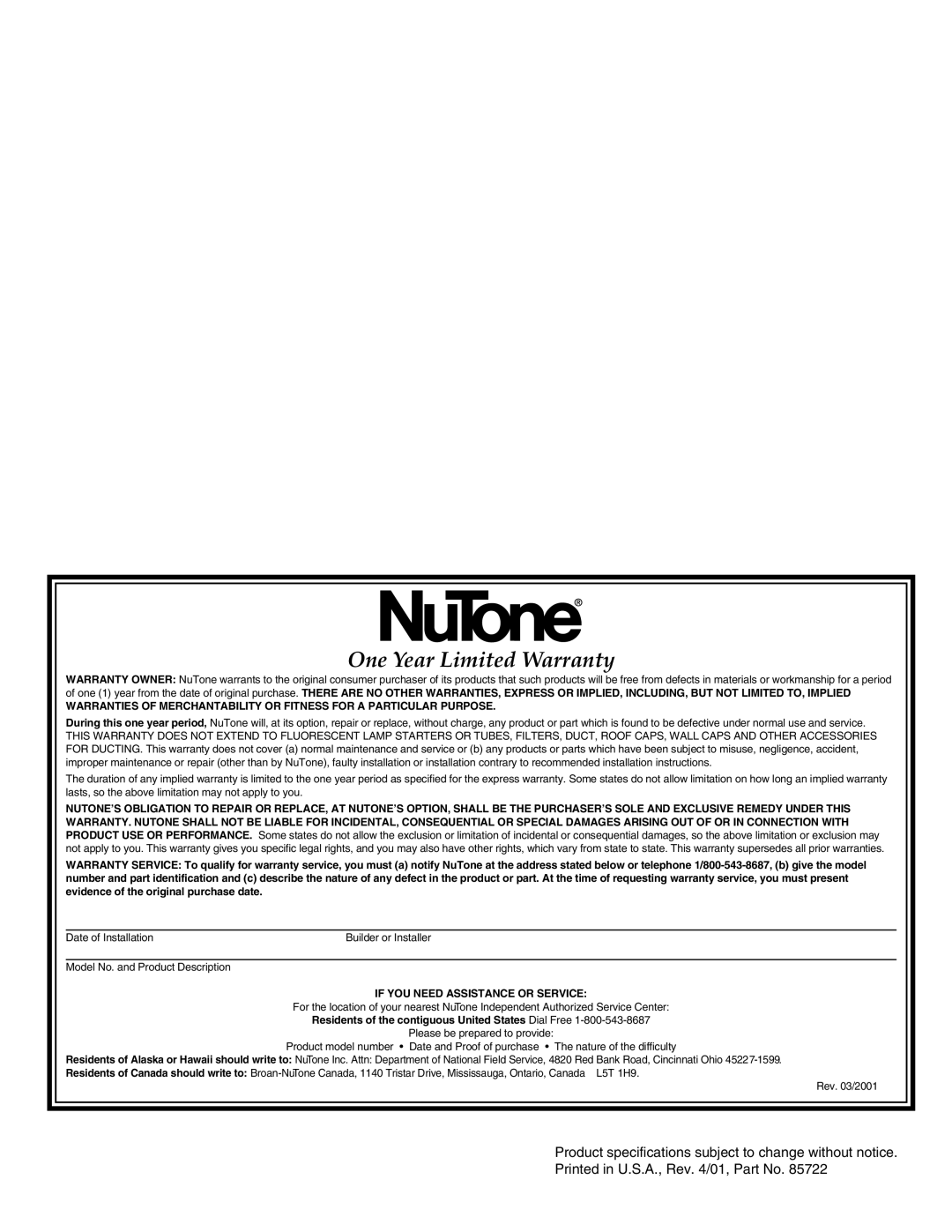 NuTone LA-157MA, LA-155GN installation instructions One Year Limited Warranty, If YOU Need Assistance or Service 