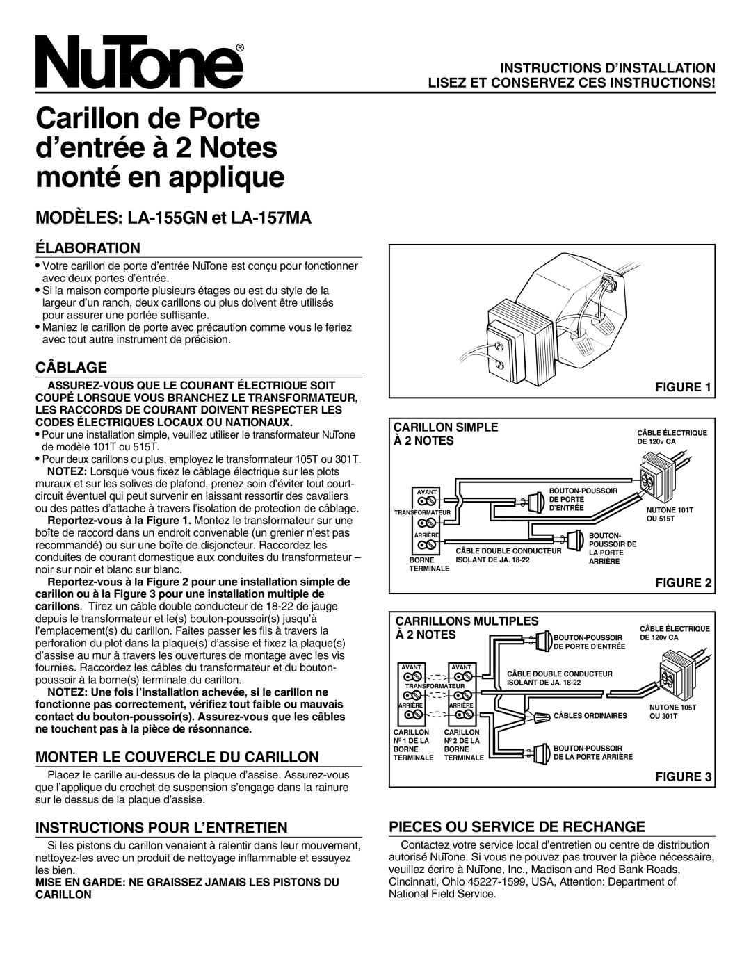 NuTone installation instructions Carillon de Porte d’entrée à 2 Notes monté en applique, Modèles LA-155GN et LA-157MA 