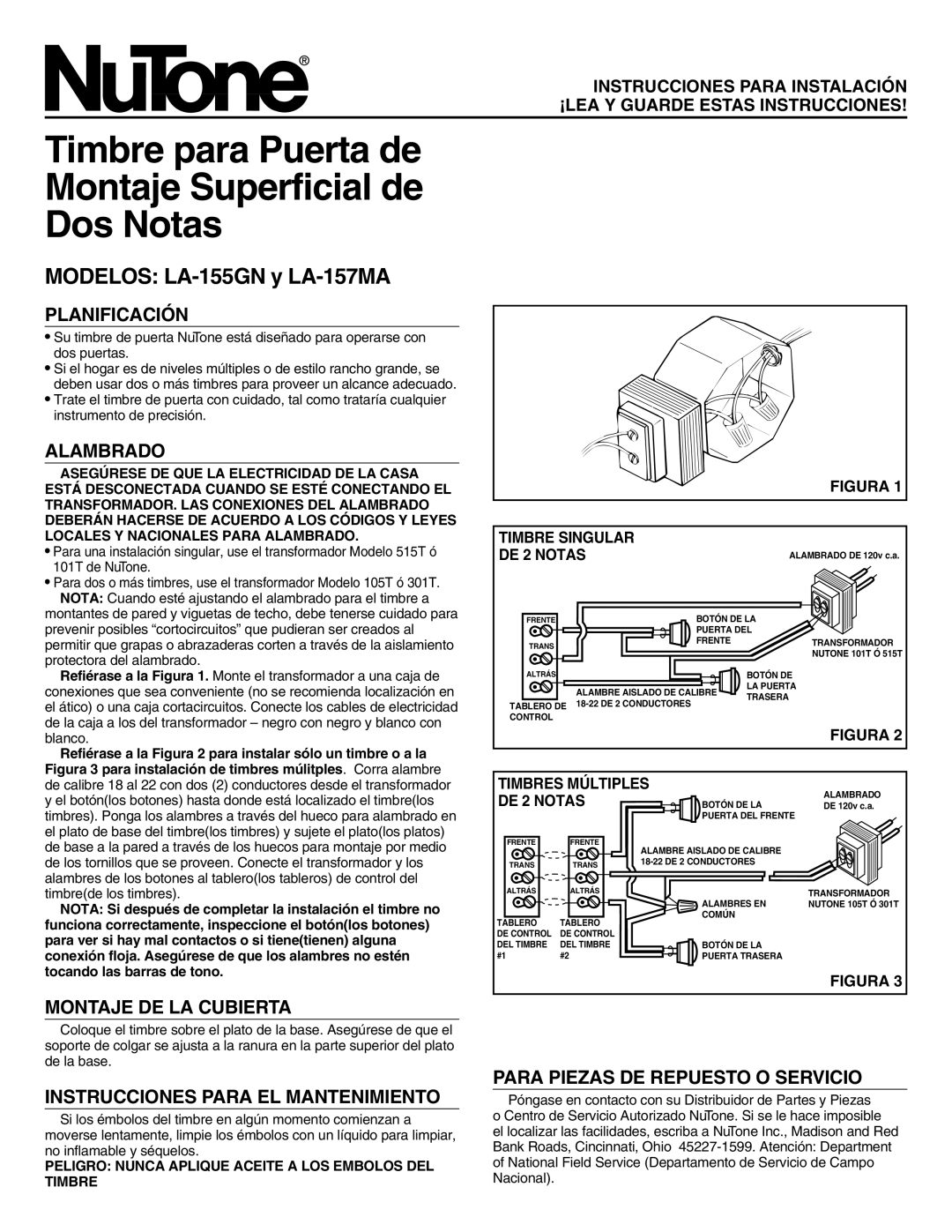 NuTone installation instructions Timbre para Puerta de Montaje Superficial de Dos Notas, Modelos LA-155GN y LA-157MA 