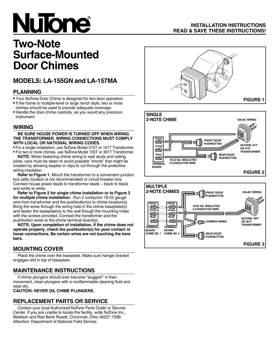 NuTone installation instructions MODELS LA-155GNand LA-157MA, Planning, Wiring, Mounting Cover, Single, Notechime 
