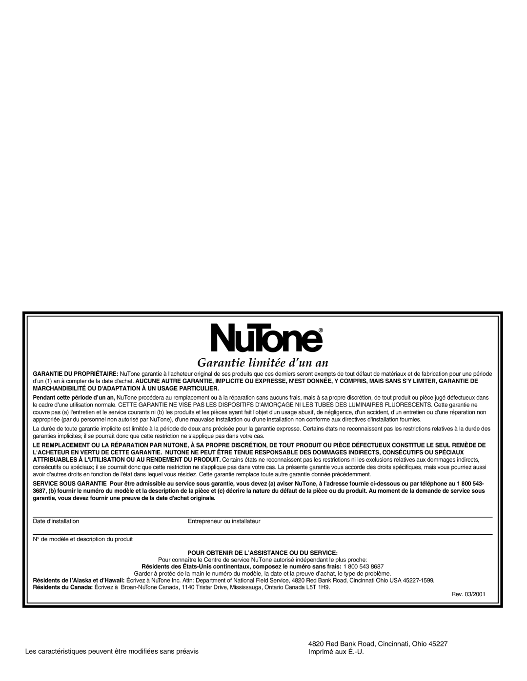 NuTone LA-157MA, LA-155GN Garantie limitée d’un an, Red Bank Road, Cincinnati, Ohio, Imprimé aux É.-U 