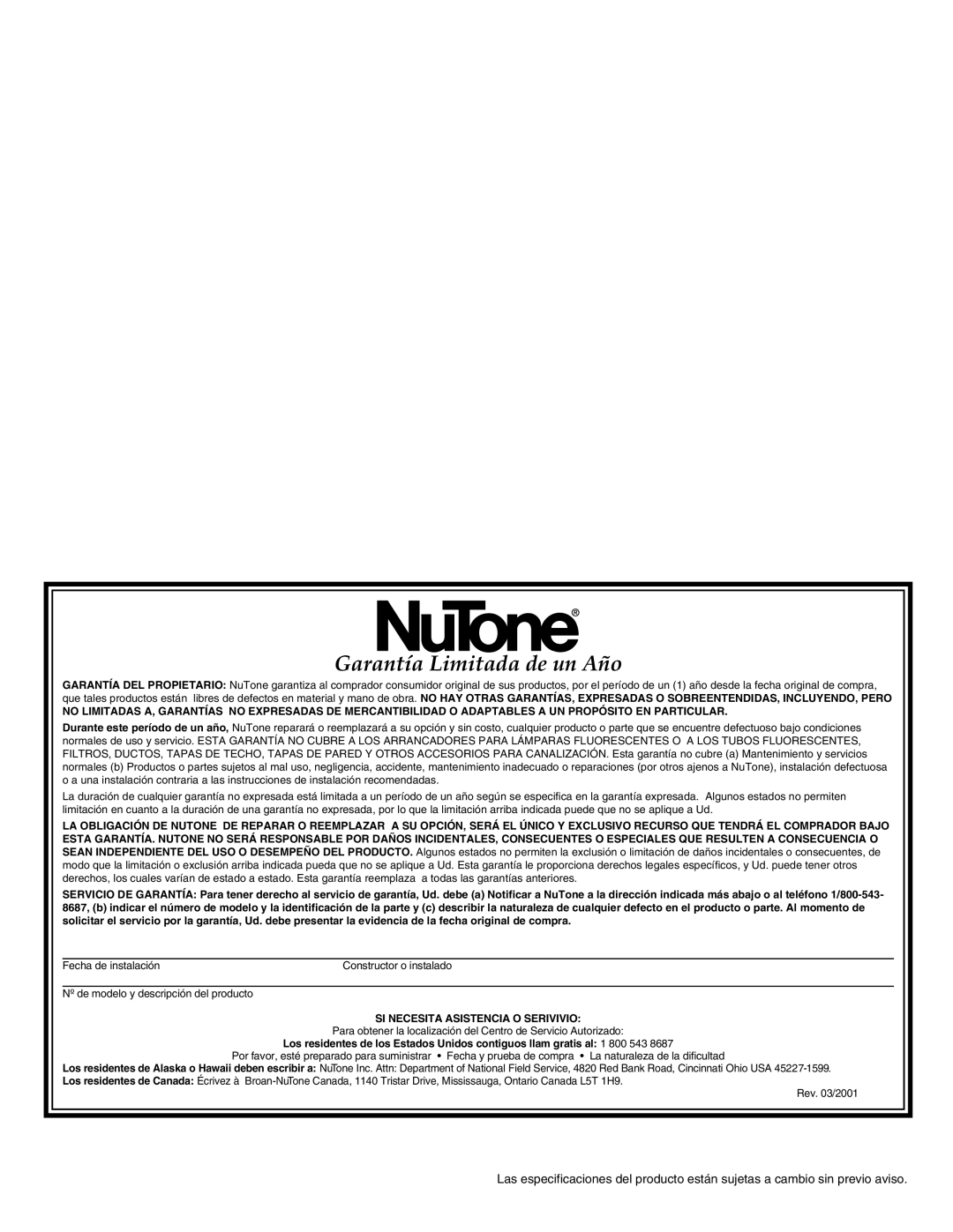 NuTone LA-157MA, LA-155GN installation instructions Garantía Limitada de un Año 