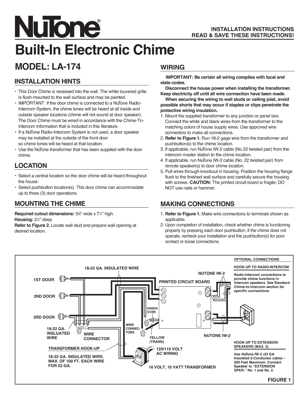 NuTone LA-174 installation instructions Installation Hints, Location, Wiring, Mounting the Chime Making Connections 