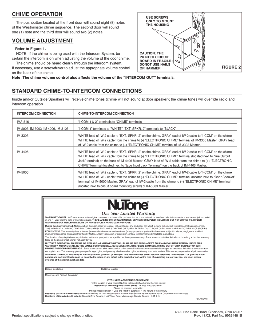 NuTone LA-174 installation instructions Chime Operation, Volume Adjustment, Standard CHIME-TO-INTERCOM Connections 