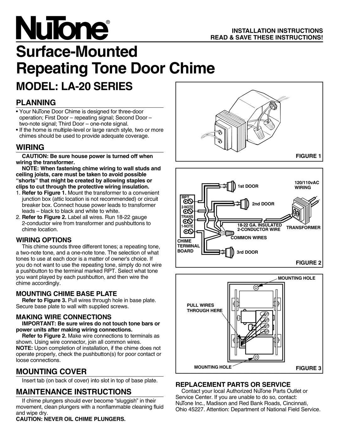 NuTone LA-20 SERIES installation instructions Planning, Wiring, Mounting Cover, Maintenance Instructions 