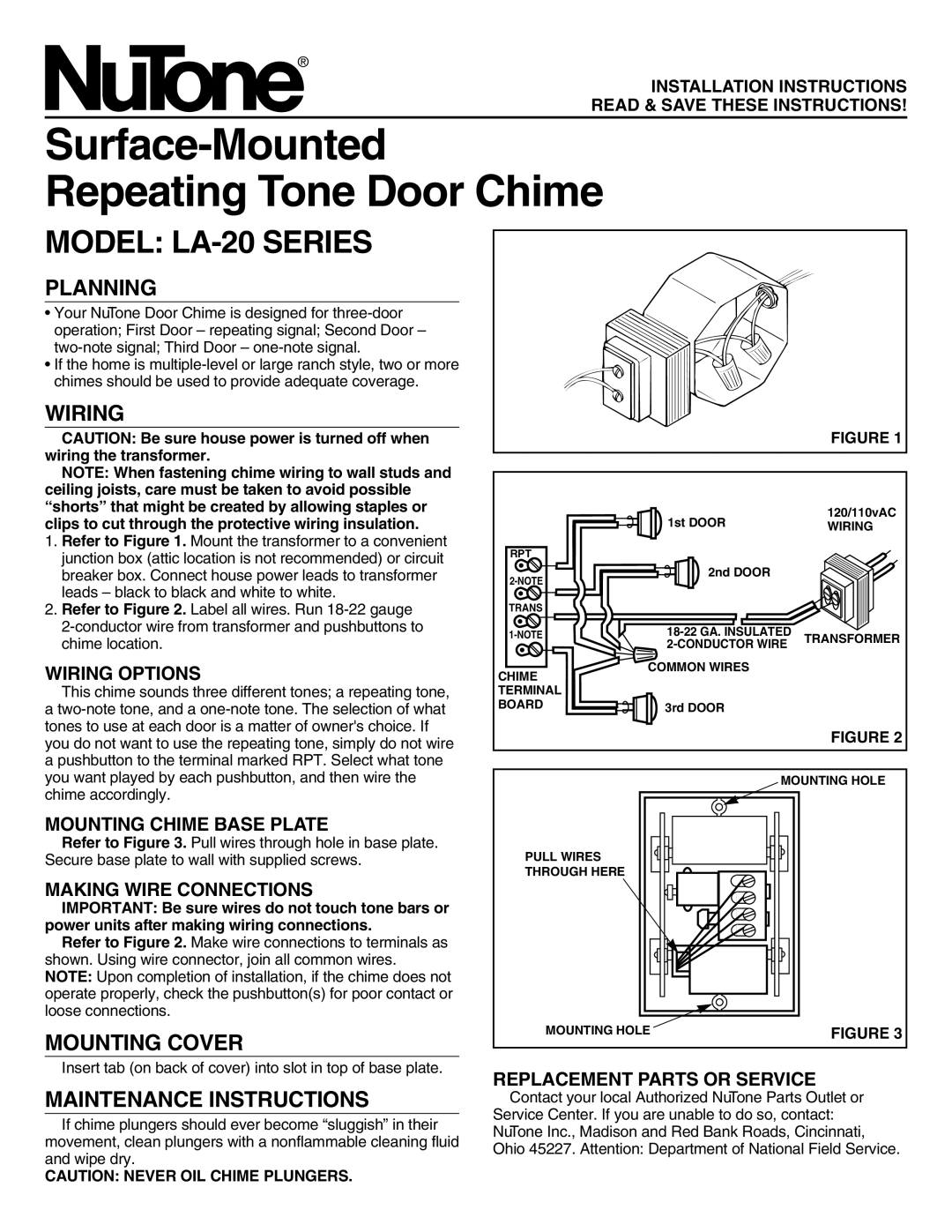 NuTone LA-20 SERIES installation instructions Surface-Mounted Repeating Tone Door Chime, MODEL LA-20SERIES, Planning 