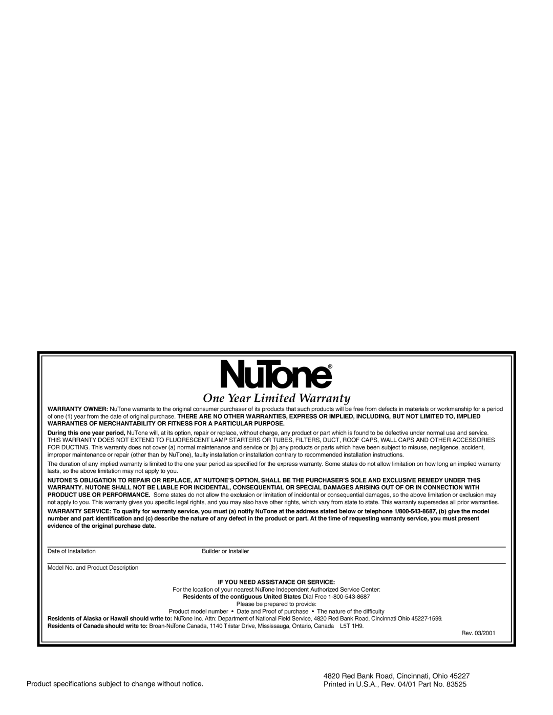 NuTone LA-20 SERIES installation instructions One Year Limited Warranty, Red Bank Road, Cincinnati, Ohio 