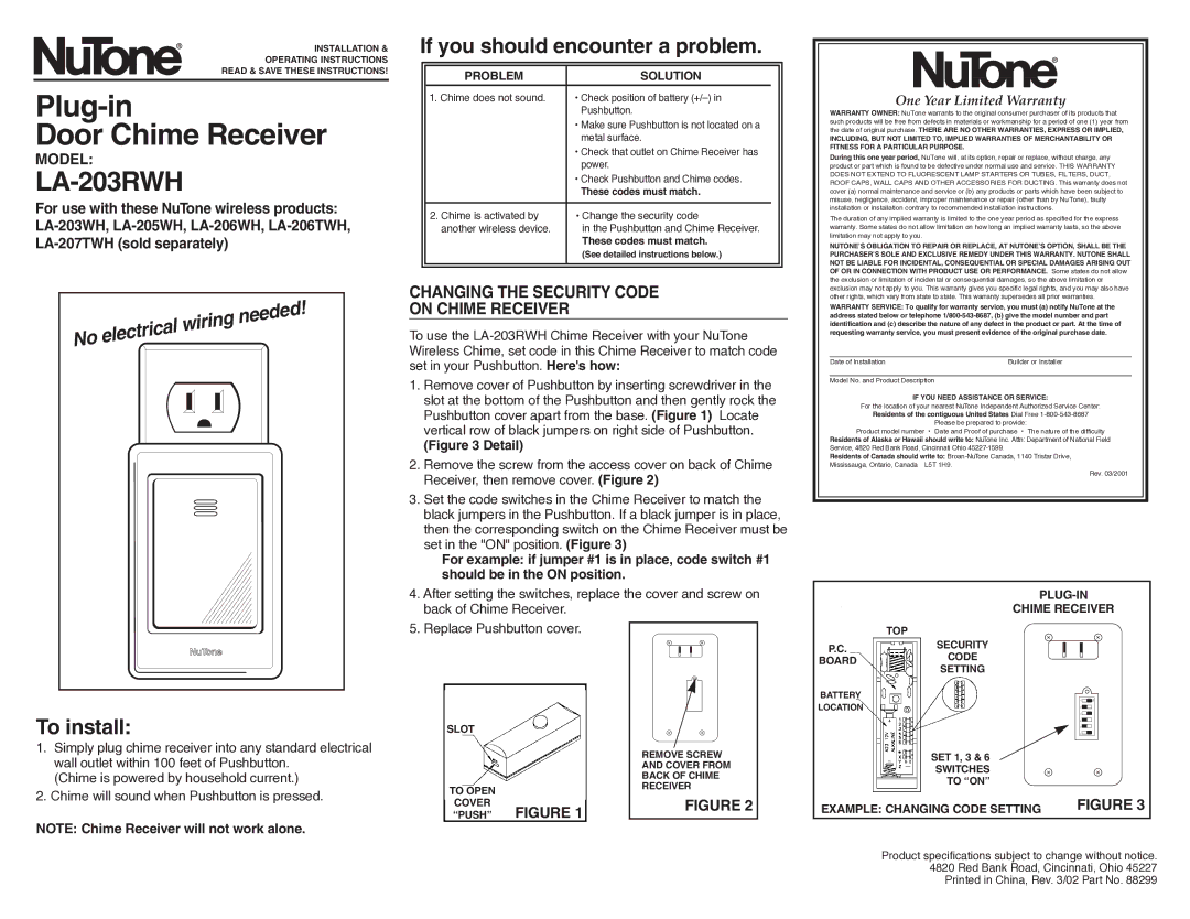 NuTone LA-203RWH warranty If you should encounter a problem, To install 