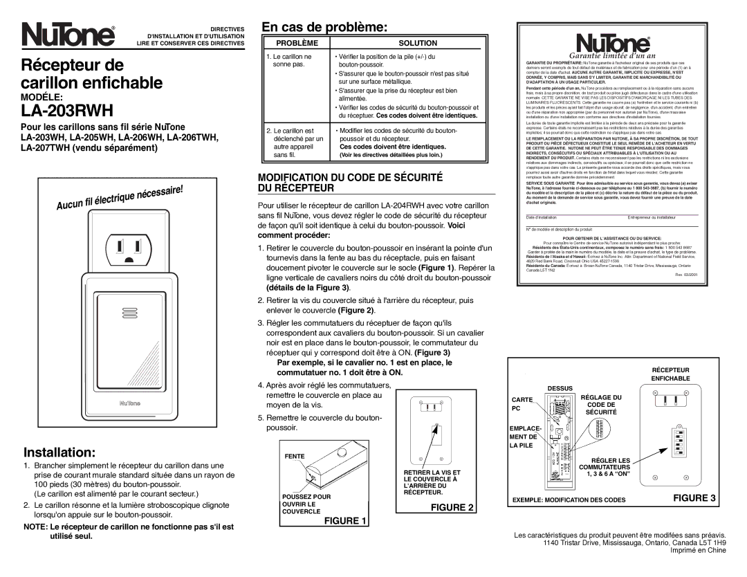 NuTone LA-203RWH warranty En cas de problème, Installation, Comment procéder, Détails de la Figure 