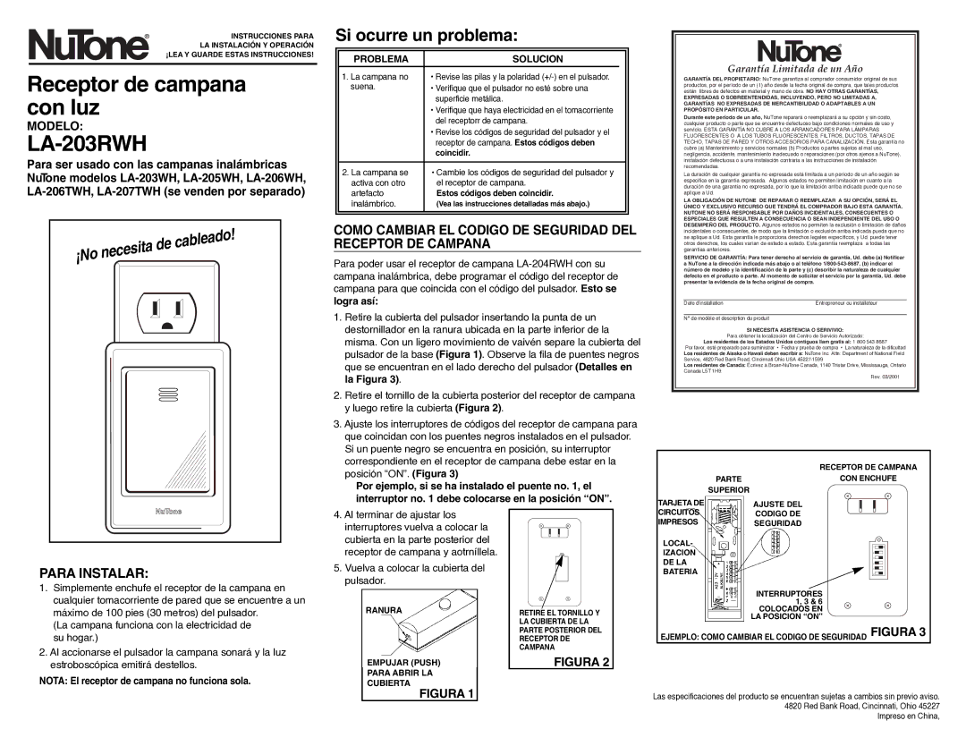 NuTone LA-203RWH warranty Si ocurre un problema, Logra así, La Figura, Posición ON. Figura 