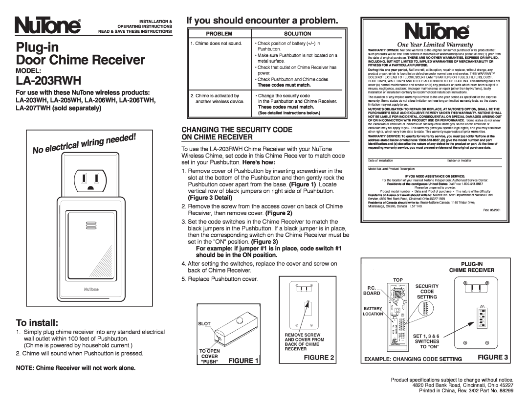 NuTone LA-203RWH warranty If you should encounter a problem, To install, Changing The Security Code On Chime Receiver 