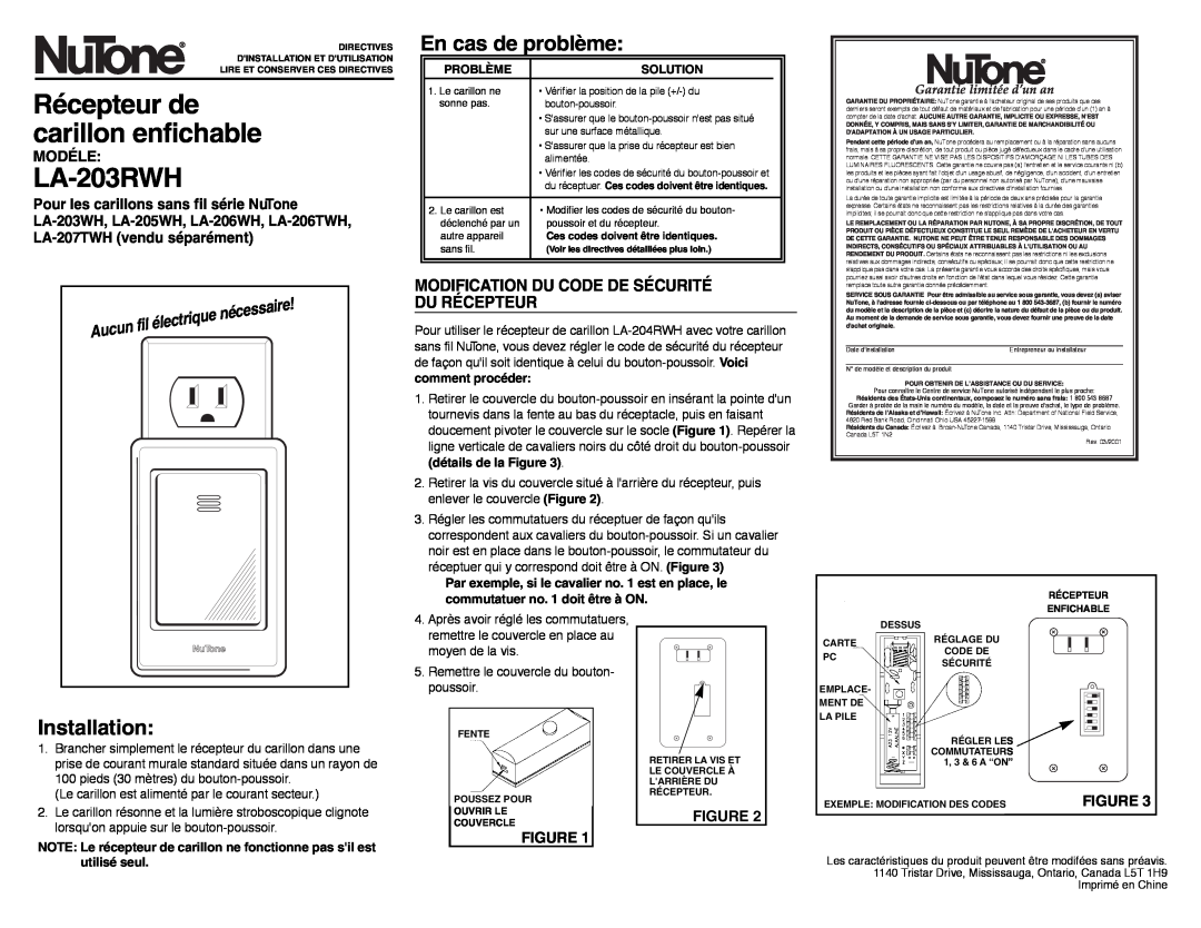 NuTone LA-203RWH warranty En cas de problème, Installation, Modification Du Code De Sécurité Du Récepteur, Modéle, Problème 