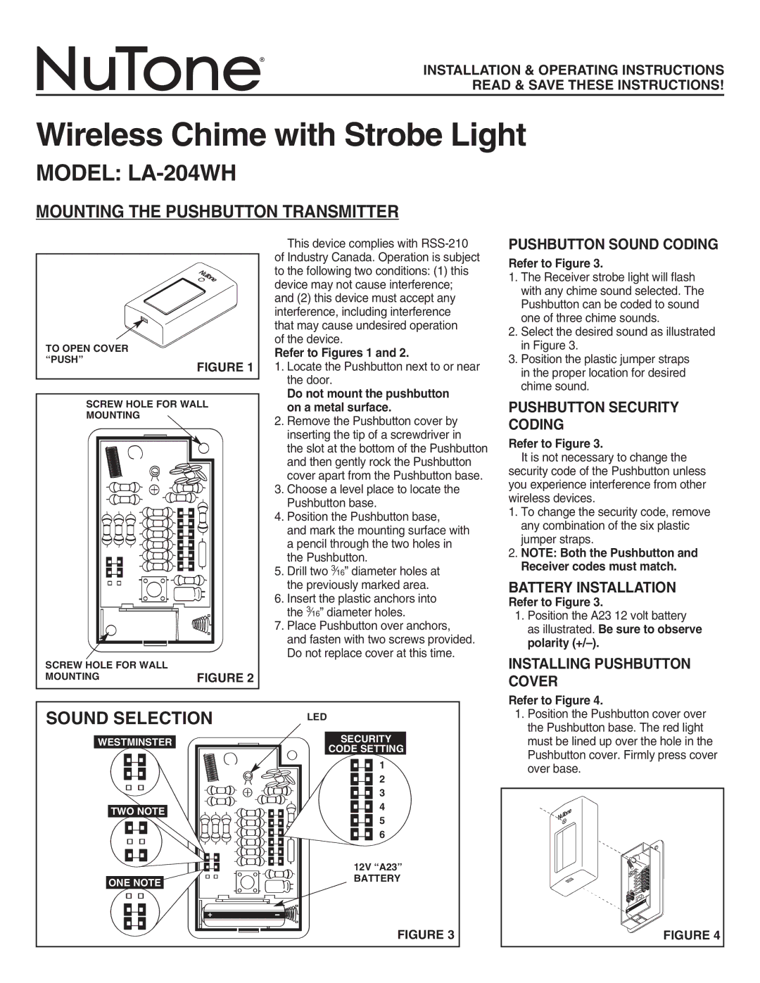 NuTone operating instructions Wireless Chime with Strobe Light, Model LA-204WH, Mounting the Pushbutton Transmitter 