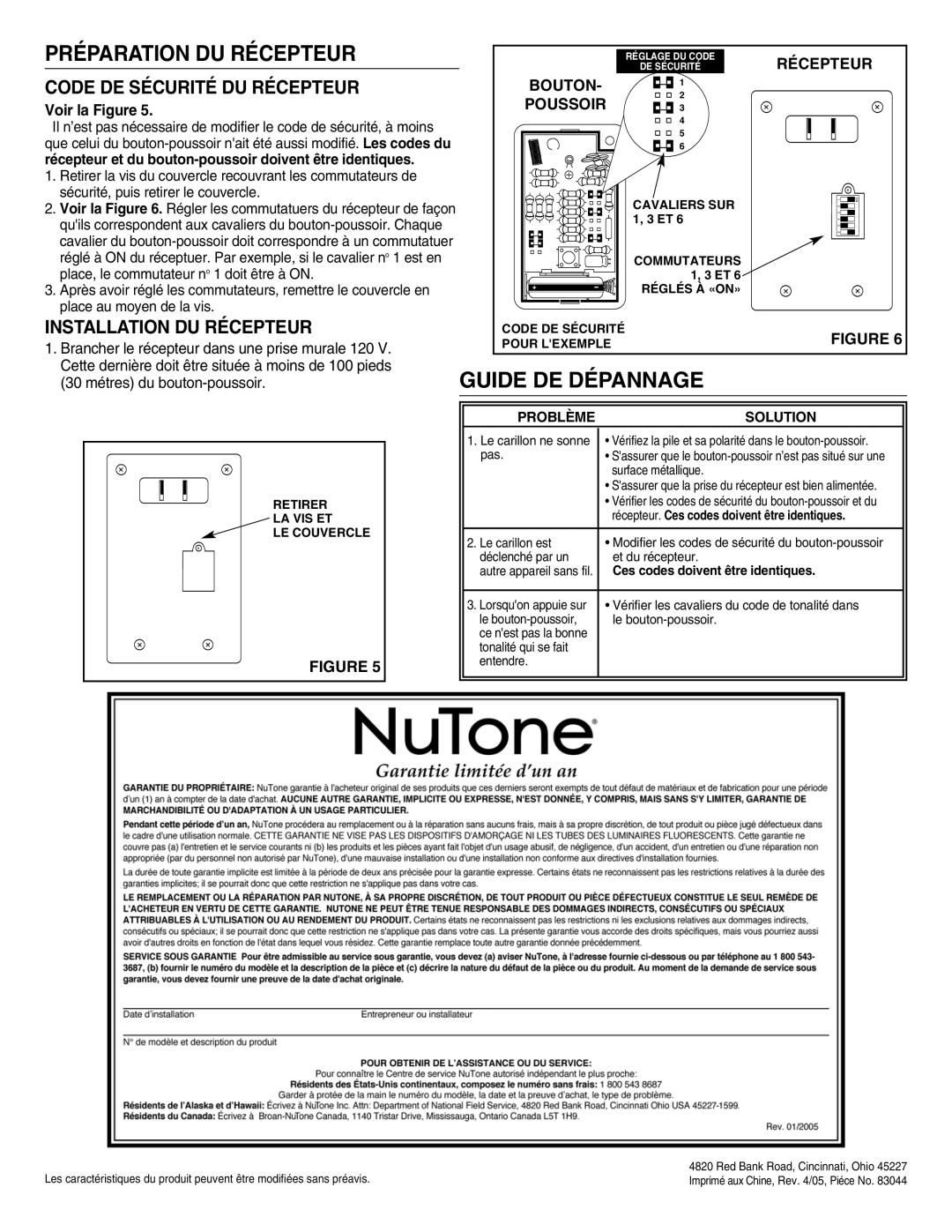 NuTone LA-204WH Préparation DU Récepteur, Guide DE Dépannage, Code DE Sécurité DU Récepteur, Installation DU Récepteur 