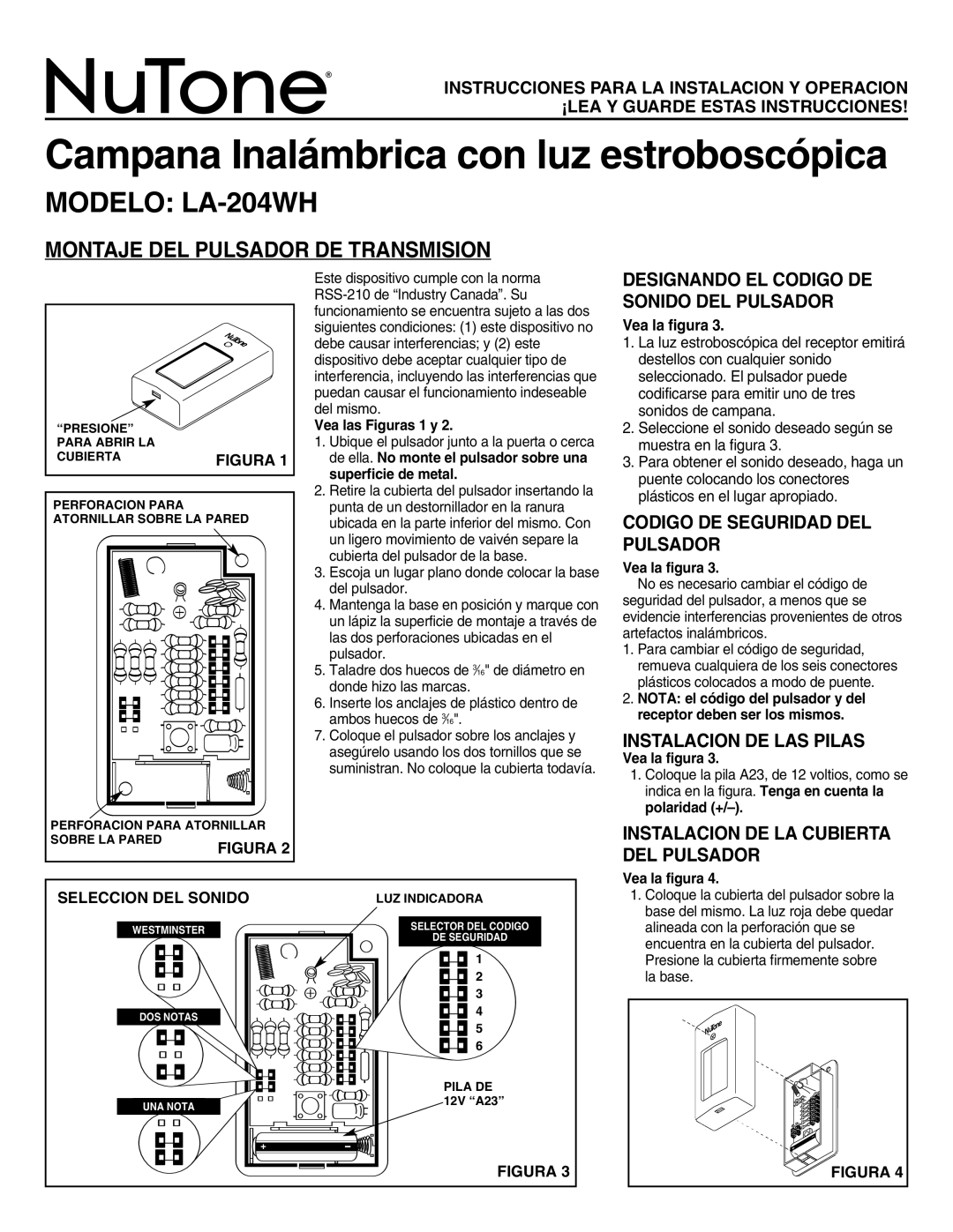 NuTone Campana Inalámbrica con luz estroboscópica, Modelo LA-204WH, Montaje DEL Pulsador DE Transmision 