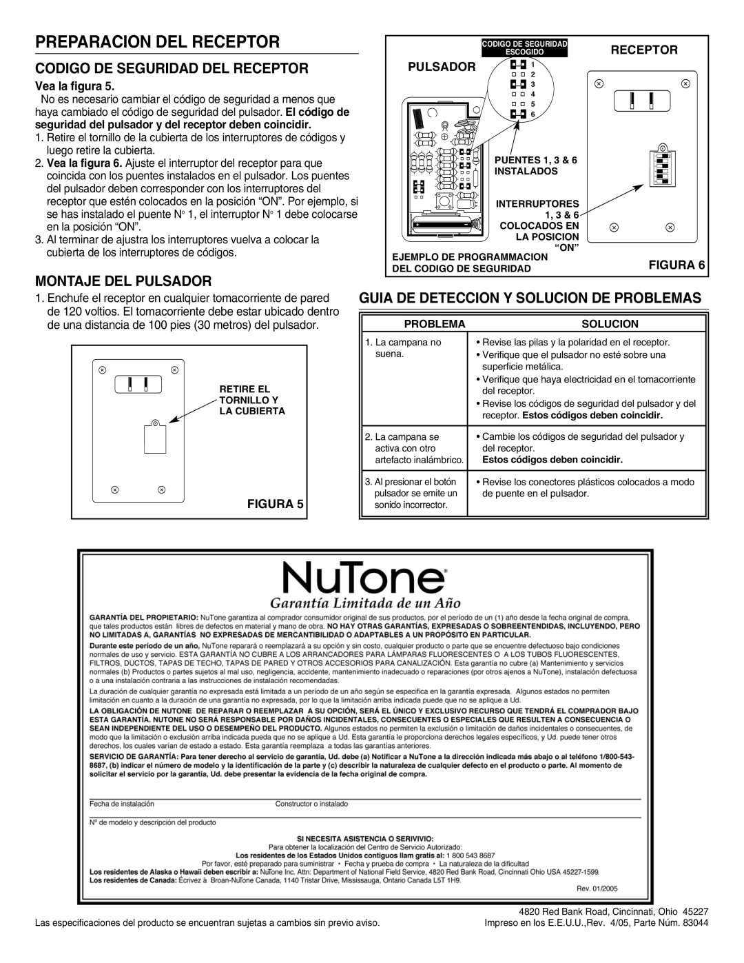 NuTone LA-204WH Preparacion DEL Receptor, Codigo DE Seguridad DEL Receptor, Montaje DEL Pulsador, Pulsador Receptor 