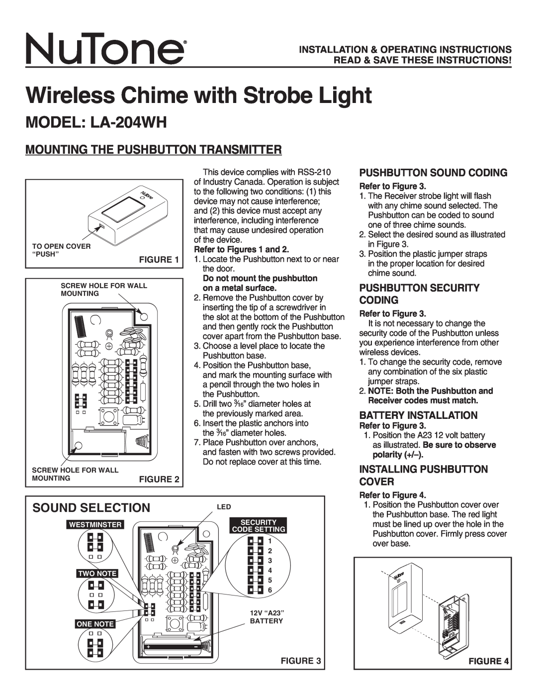 NuTone operating instructions Wireless Chime with Strobe Light, MODEL LA-204WH, Mounting The Pushbutton Transmitter 