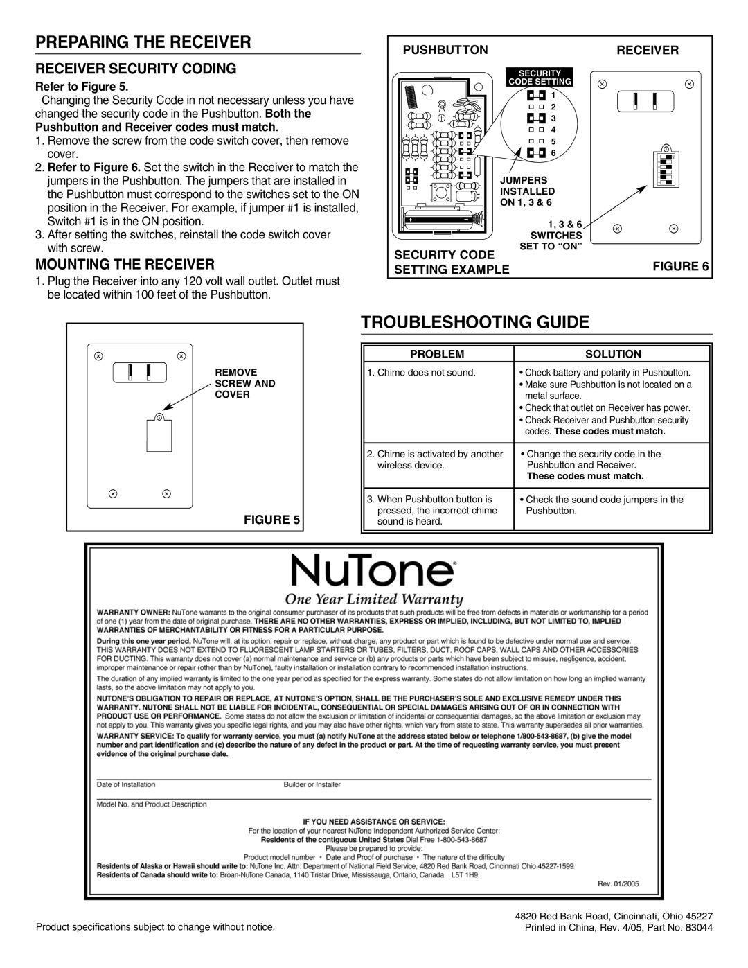 NuTone LA-204WH Preparing The Receiver, Troubleshooting Guide, Receiver Security Coding, Mounting The Receiver, Pushbutton 