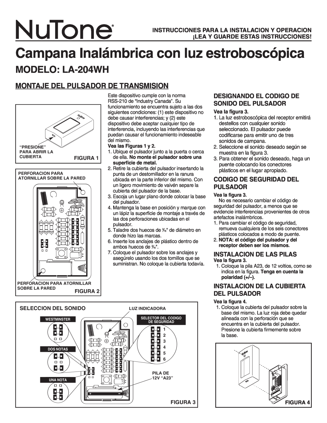 NuTone Campana Inalámbrica con luz estroboscópica, MODELO LA-204WH, Montaje Del Pulsador De Transmision, Figura 