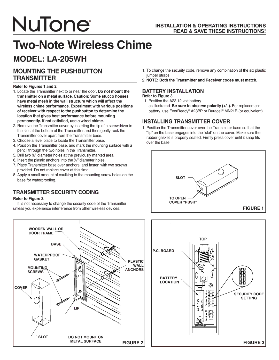 NuTone LA-205WH manual Battery Installation, Installing Transmitter Cover, Transmitter Security Coding 