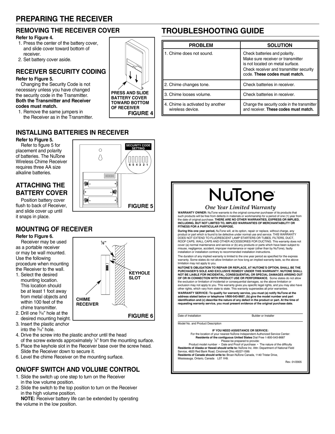 NuTone LA-205WH manual Preparing the Receiver, Removing the Receiver Cover, Installing Batteries in Receiver 