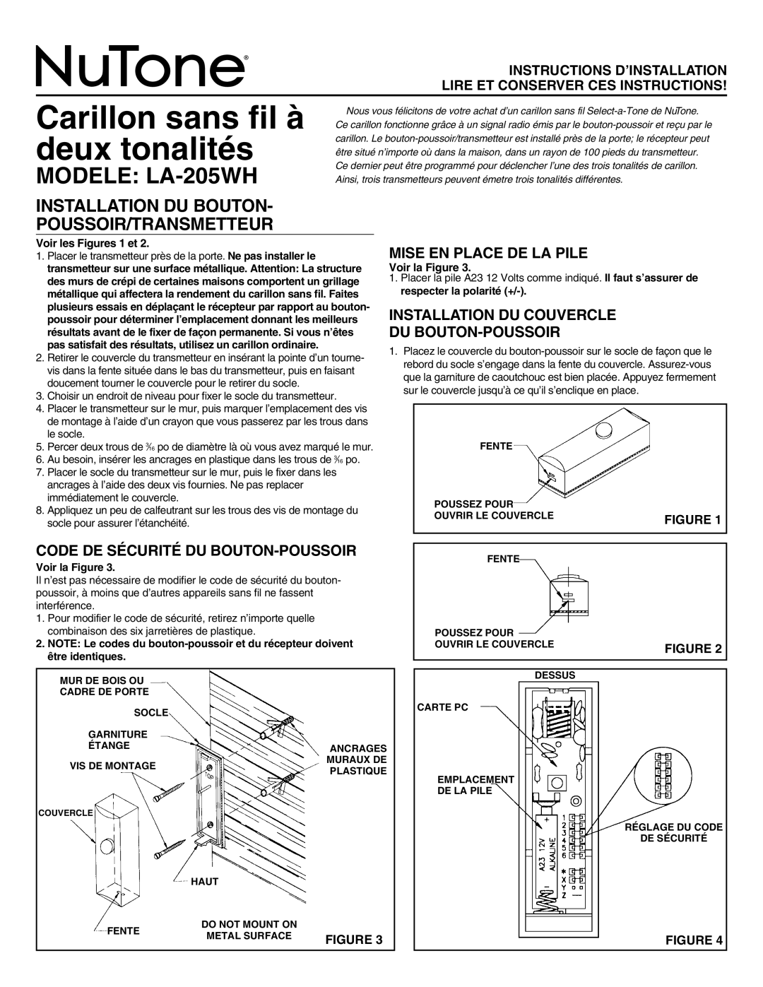 NuTone LA-205WH manual Installation DU Bouton POUSSOIR/TRANSMETTEUR, Mise EN Place DE LA Pile, Installation DU Couvercle 