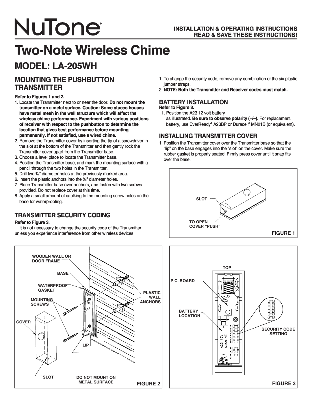 NuTone manual Two-NoteWireless Chime, MODEL LA-205WH, Mounting The Pushbutton Transmitter, Battery Installation 