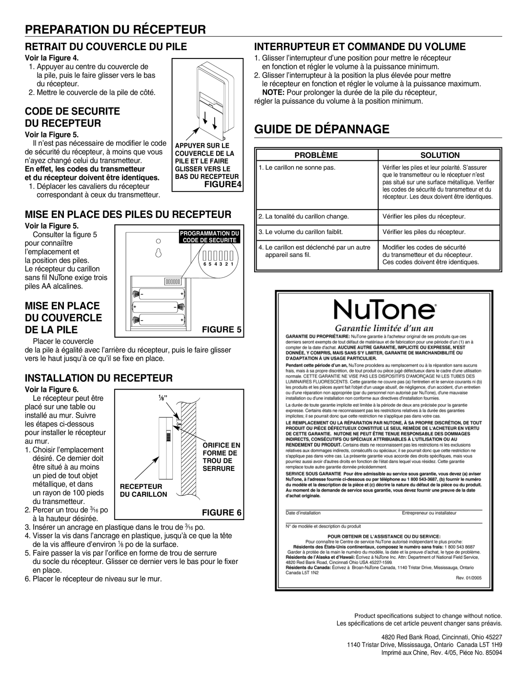 NuTone LA-205WH Preparation Du Récepteur, Guide De Dépannage, Retrait Du Couvercle Du Pile, Code De Securite Du Recepteur 