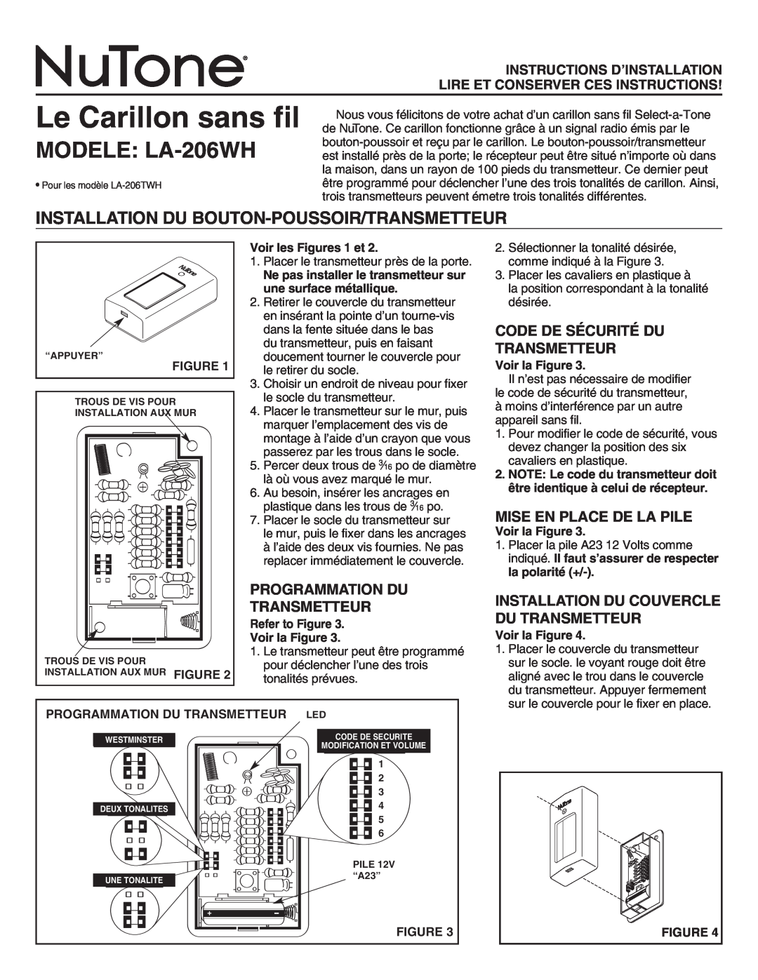 NuTone manual MODELE LA-206WH, Installation Du Bouton-Poussoir/Transmetteur, Programmation Du Transmetteur 