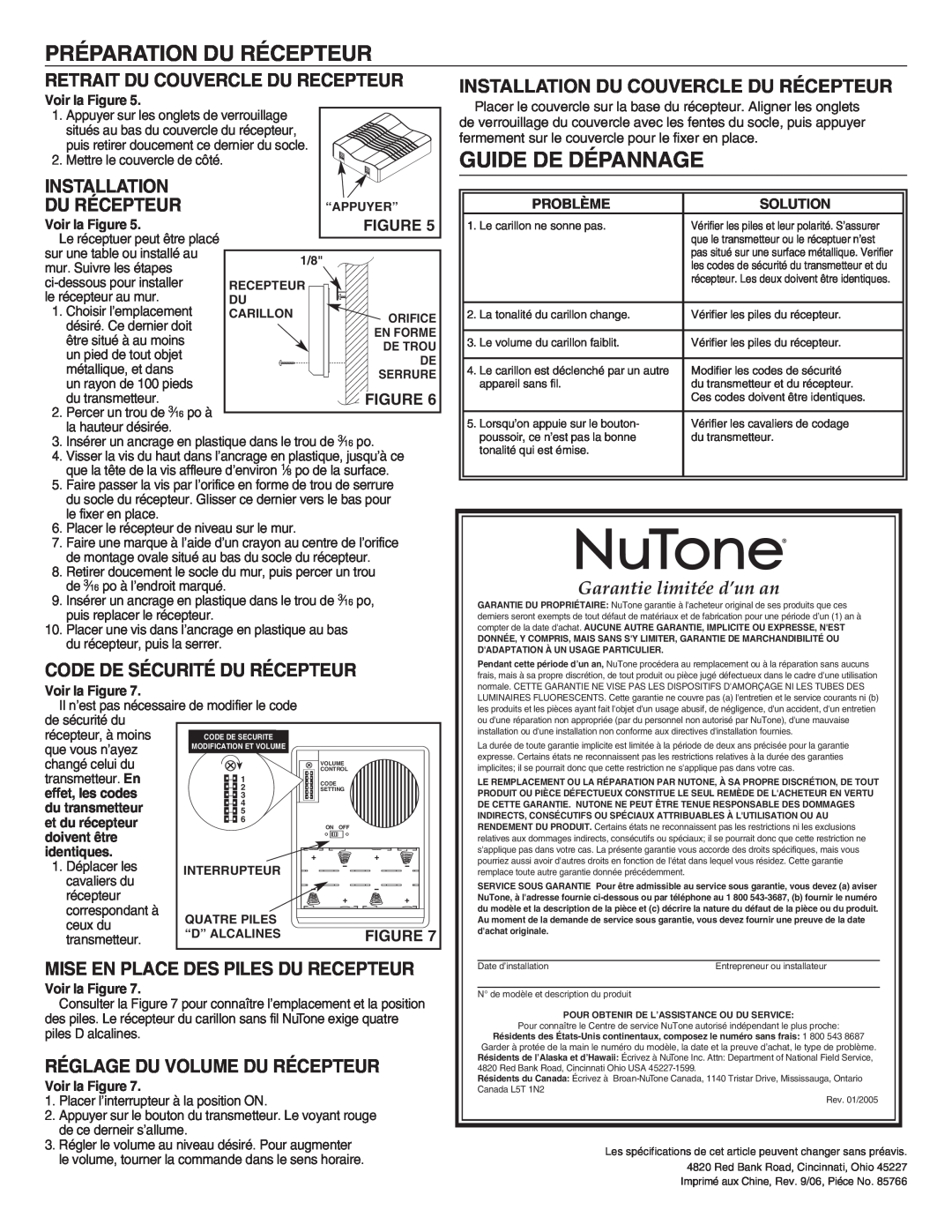 NuTone LA-206WH manual Préparation Du Récepteur, Guide De Dépannage, Retrait Du Couvercle Du Recepteur, Installation 