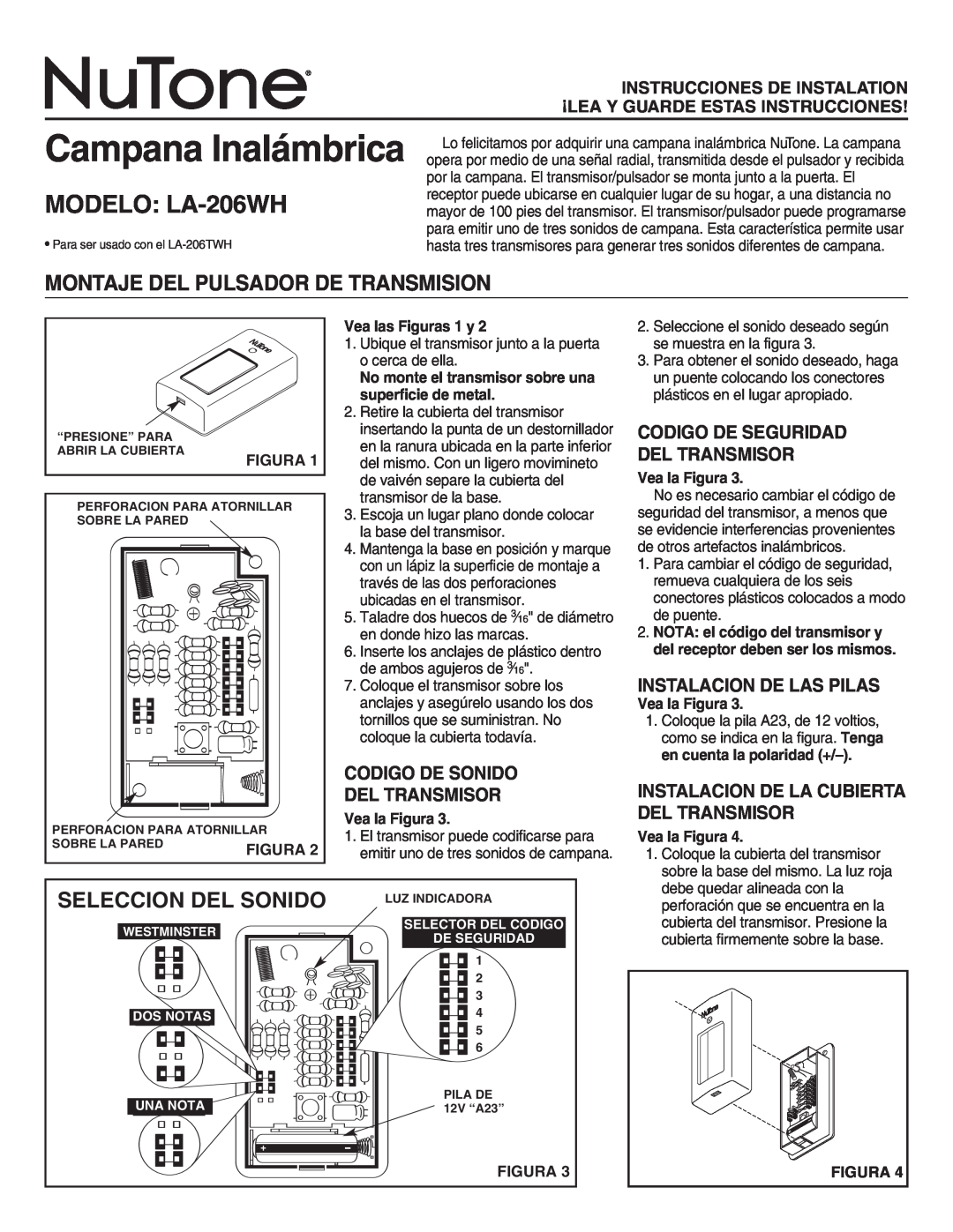 NuTone LA-206WH manual Montaje Del Pulsador De Transmision, Seleccion Del Sonido, Codigo De Sonido Del Transmisor 