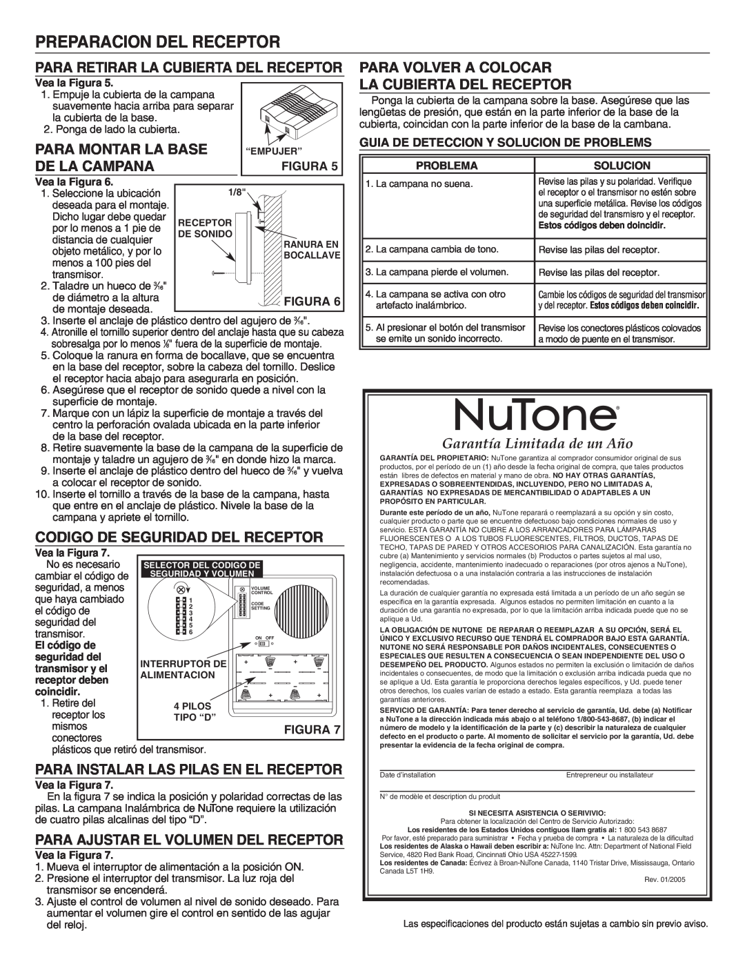 NuTone LA-206WH manual Preparacion Del Receptor, Para Volver A Colocar, Para Montar La Base De La Campana 