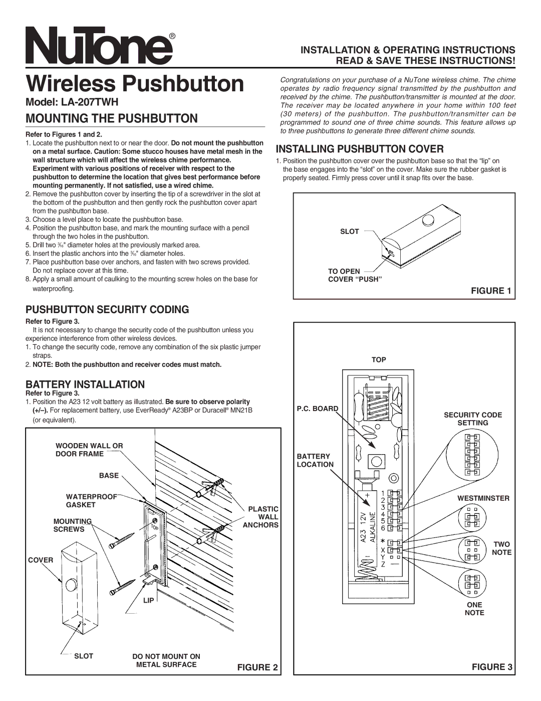 NuTone LA-207TWH manual Wireless Pushbutton, Mounting the Pushbutton, Installing Pushbutton Cover, Battery Installation 