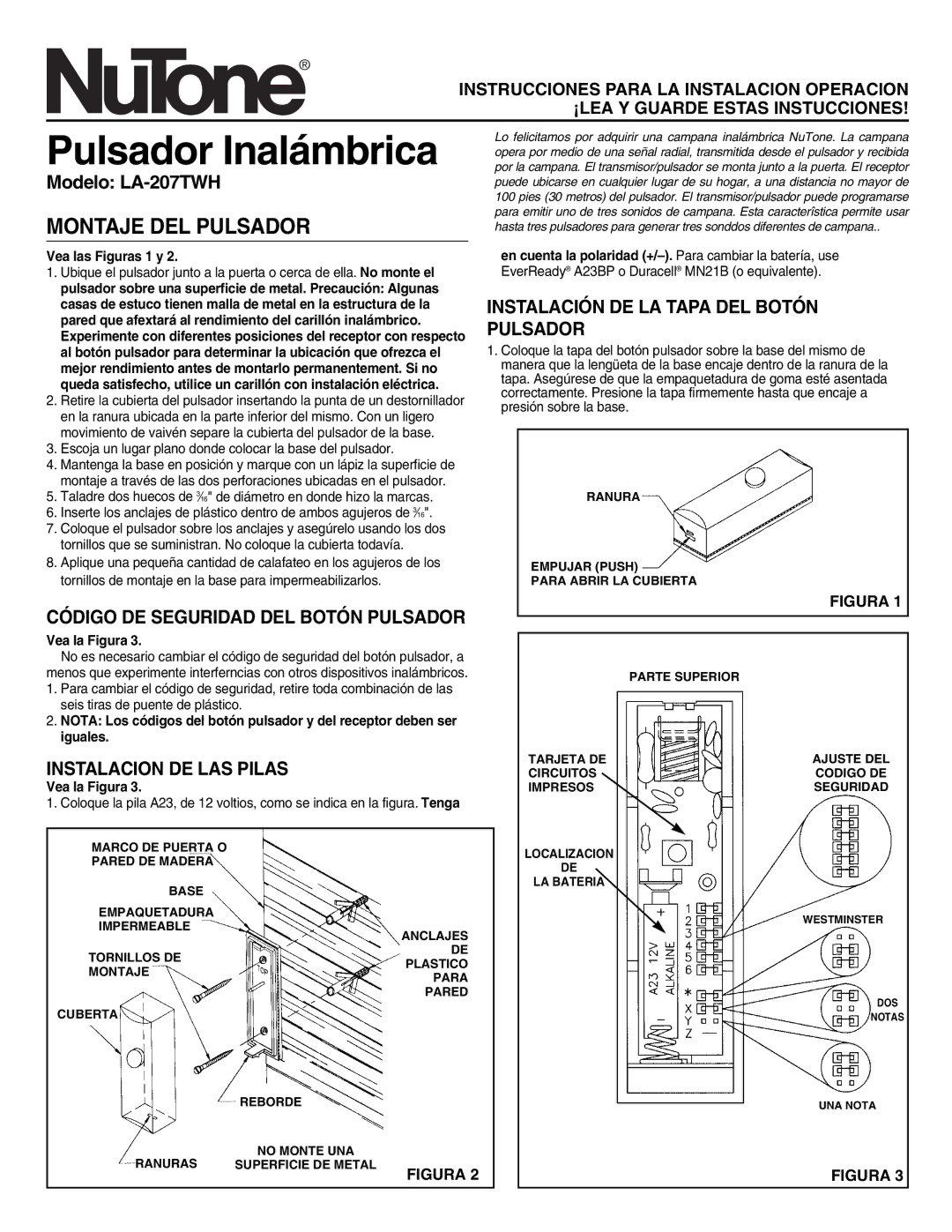 NuTone LA-207TWH manual Pulsador Inalámbrica, Montaje DEL Pulsador, Instalación DE LA Tapa DEL Botón Pulsador 