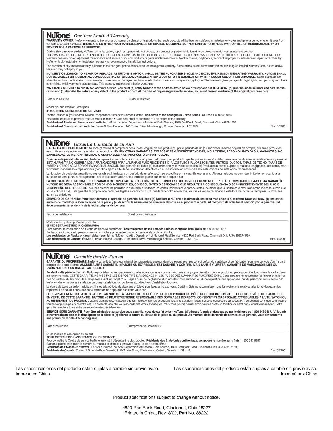 NuTone LA-207TWH manual One Year Limited Warranty 