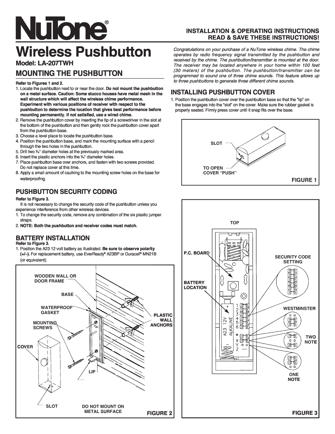 NuTone manual Wireless Pushbutton, Mounting The Pushbutton, Model LA-207TWH, Installing Pushbutton Cover 