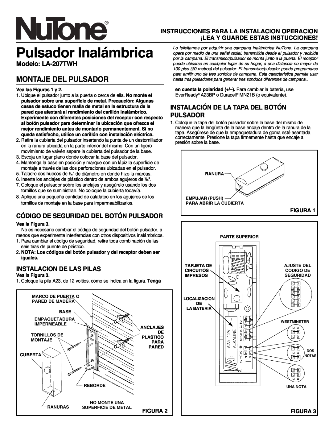 NuTone Pulsador Inalámbrica, Montaje Del Pulsador, Modelo LA-207TWH, Instalación De La Tapa Del Botón Pulsador, Figura 