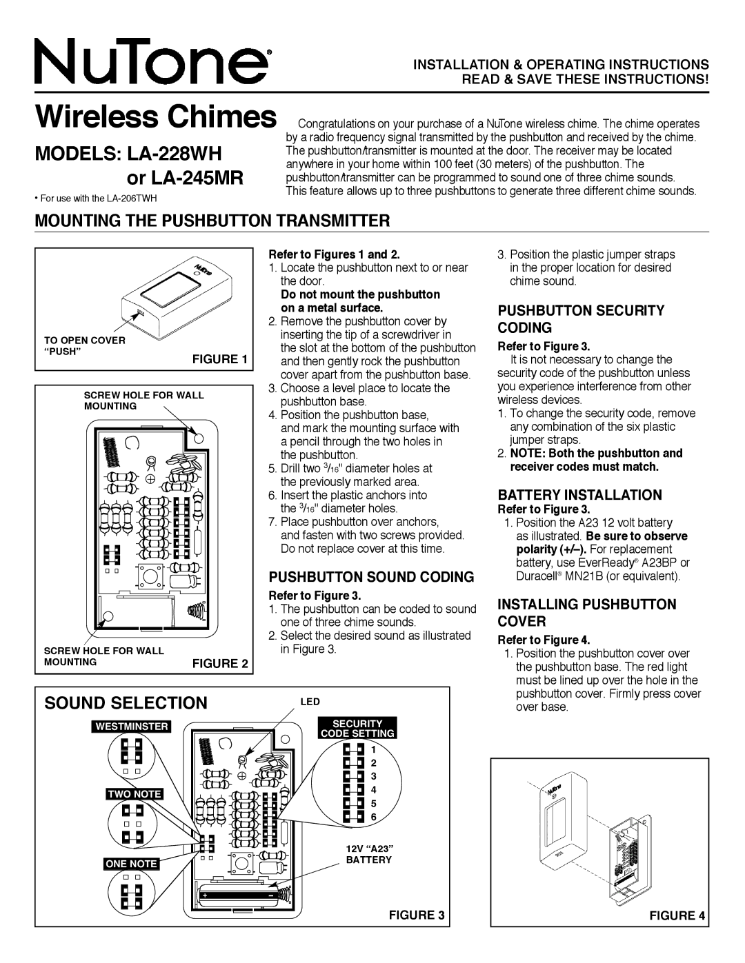 NuTone operating instructions Models LA-228WH or LA-245MR, Mounting the Pushbutton Transmitter, Sound Selection 