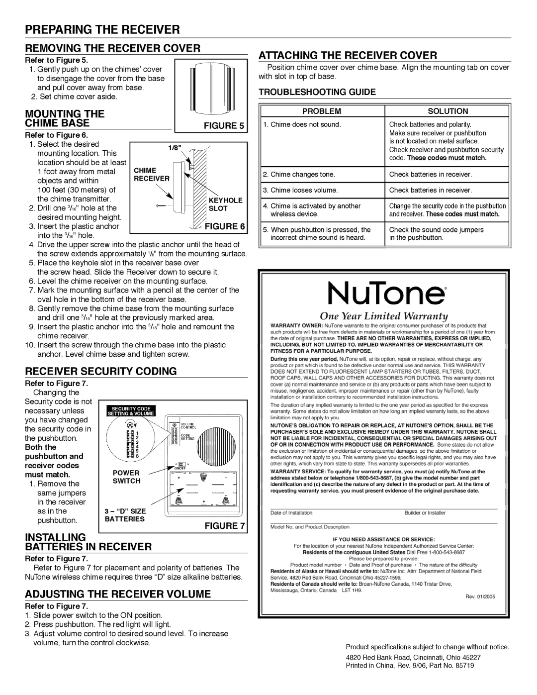 NuTone LA-245MR, LA-228WH operating instructions Preparing the Receiver 