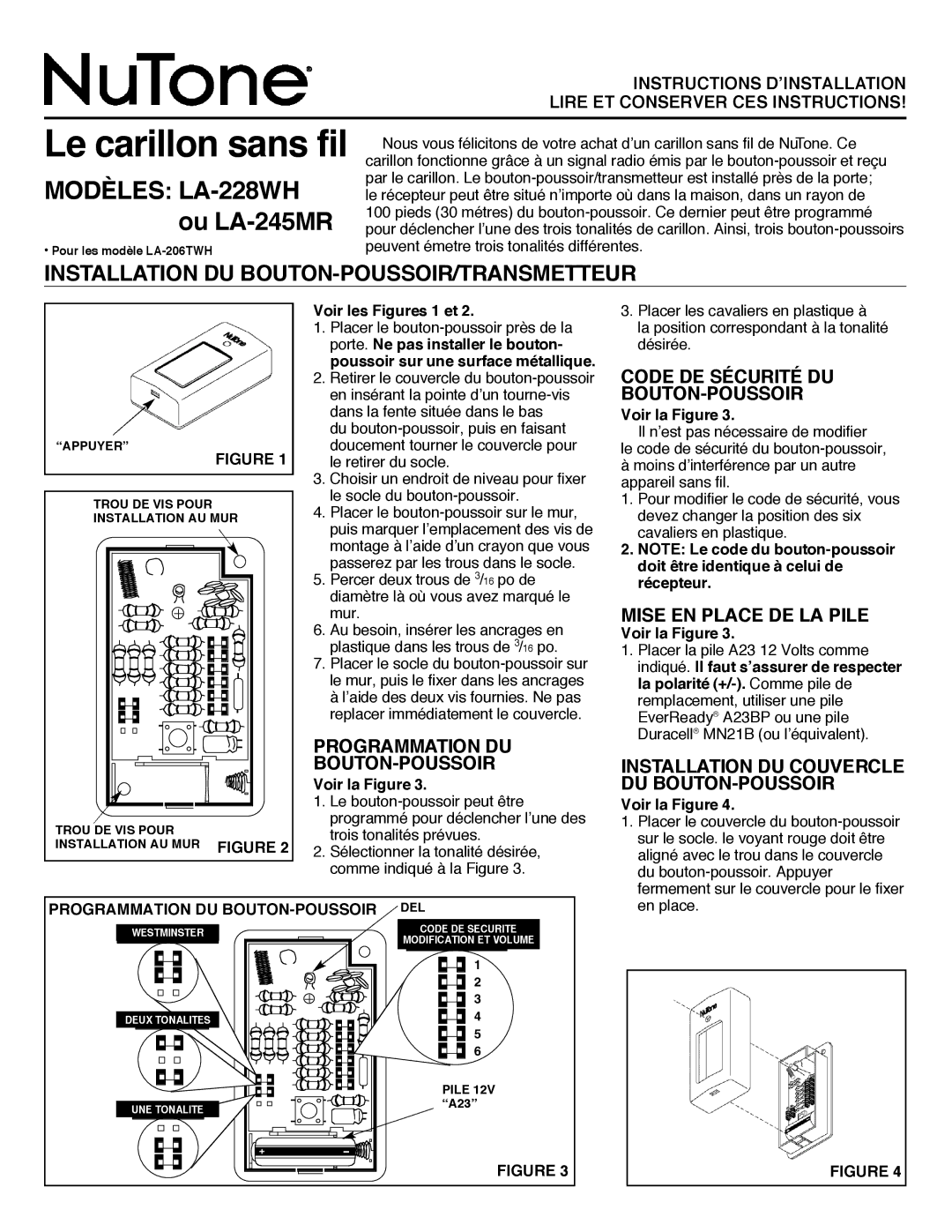 NuTone LA-228WH Le carillon sans fil, Installation DU Bouton POUSSOIR/TRANSMETTEUR, Programmation DU Bouton Poussoir 