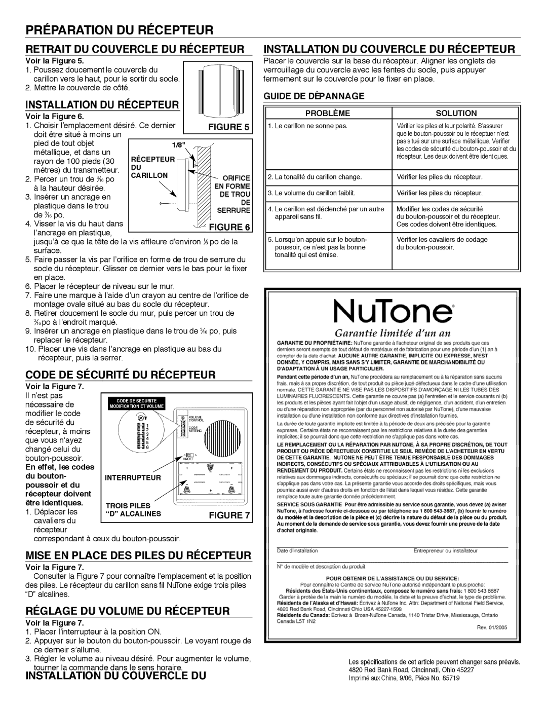 NuTone LA-245MR, LA-228WH operating instructions Préparation DU Récepteur 