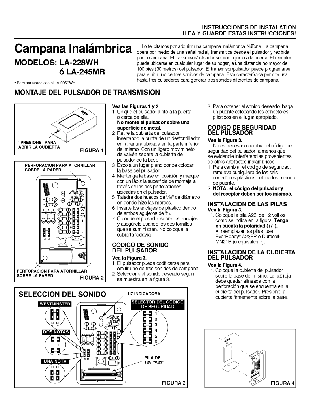 NuTone LA-228WH Campana Inalámbrica, LA-245MR, Montaje DEL Pulsador DE Transmision, Seleccion DEL Sonido 