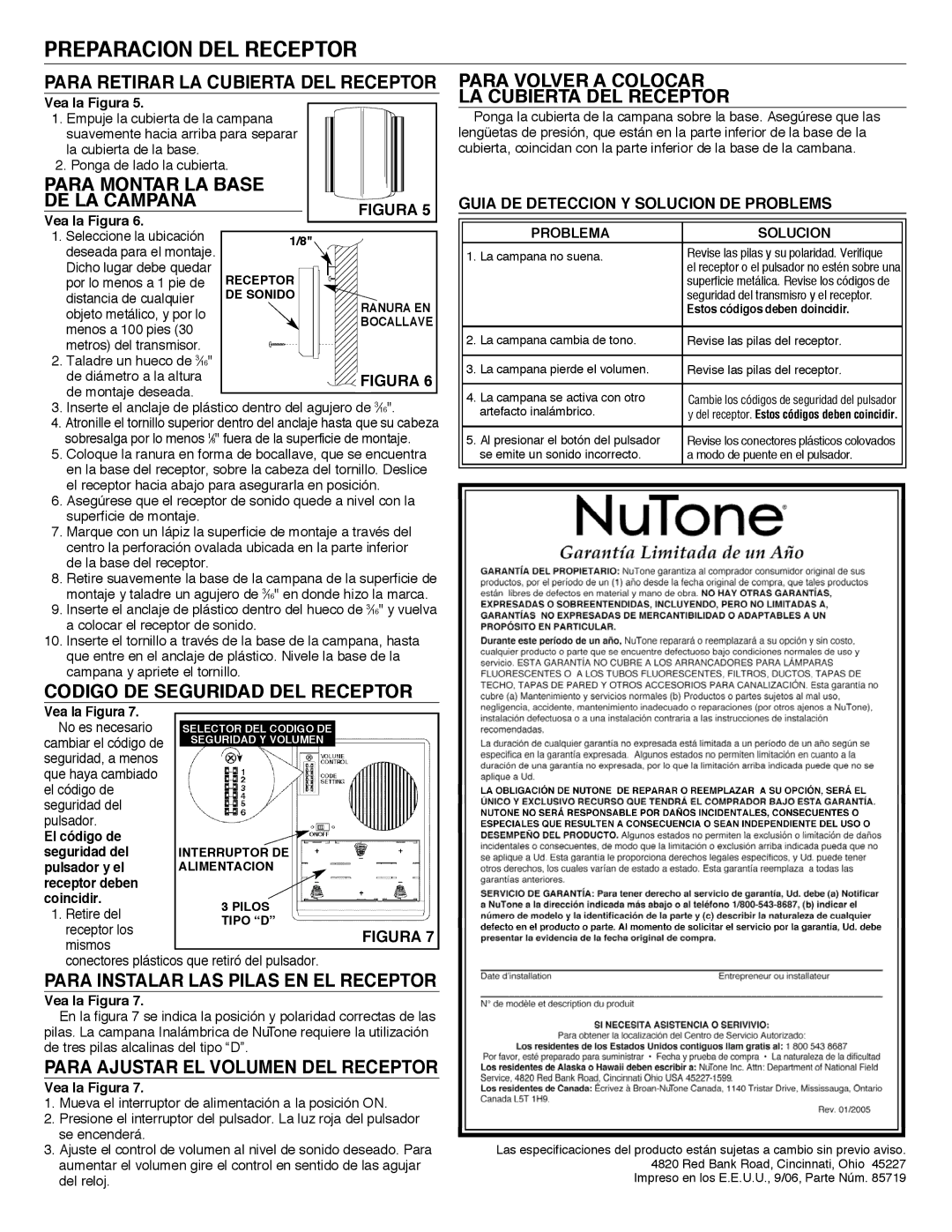 NuTone LA-245MR, LA-228WH Preparacion DEL Receptor, Para Montar LA Base DE LA Campana, Codigo DE Seguridad DEL Receptor 