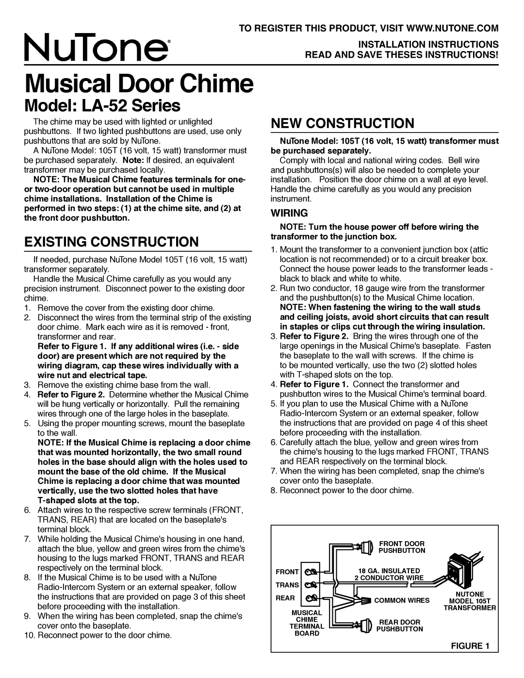 NuTone installation instructions Model LA-52 Series, Existing Construction, NEW Construction, Wiring 