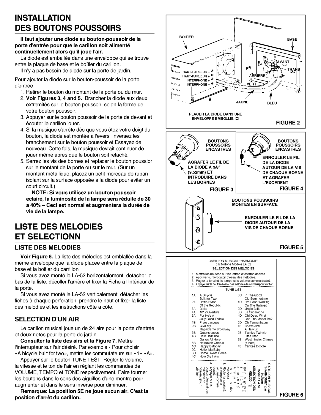 NuTone LA-52 Series Installation DES Boutons Poussoirs, Liste DES Melodies ET Selectionn, Selection DUN AIR 